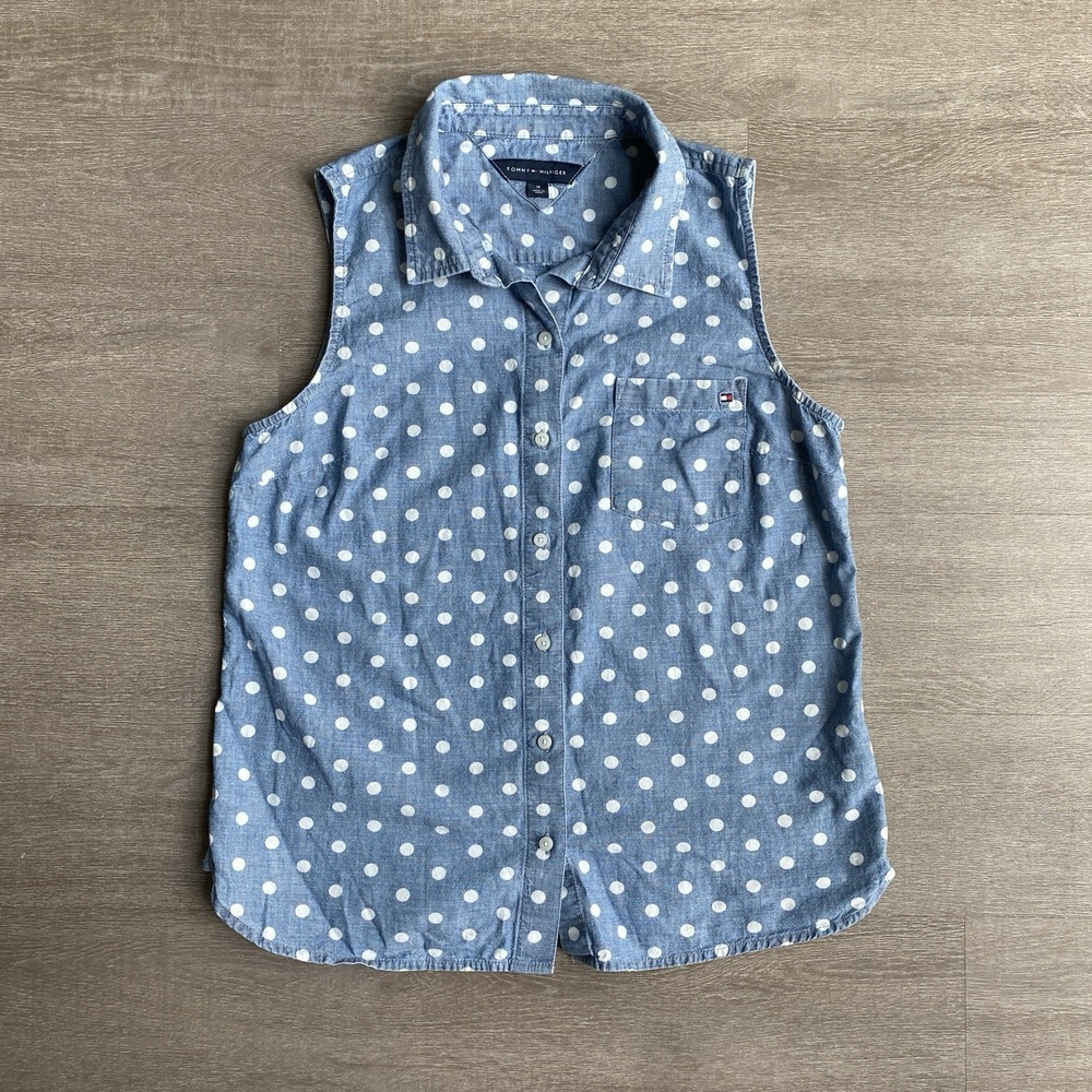 Tommy Hilfiger Denim Sleeveless Chambray Women's Medium Collared Polka Dot Top 1